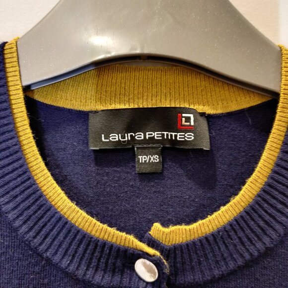 Laura Petites Navy Blue Button-Up Cardigan with Yellow Trim & Striped Waist | XS - Picture 2 of 5
